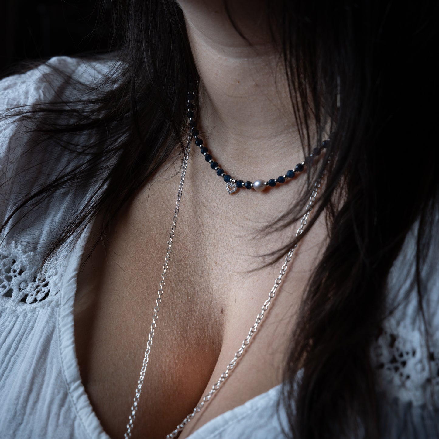 Collier argent - Saphir et Perle de culture - Cœur - JULIA