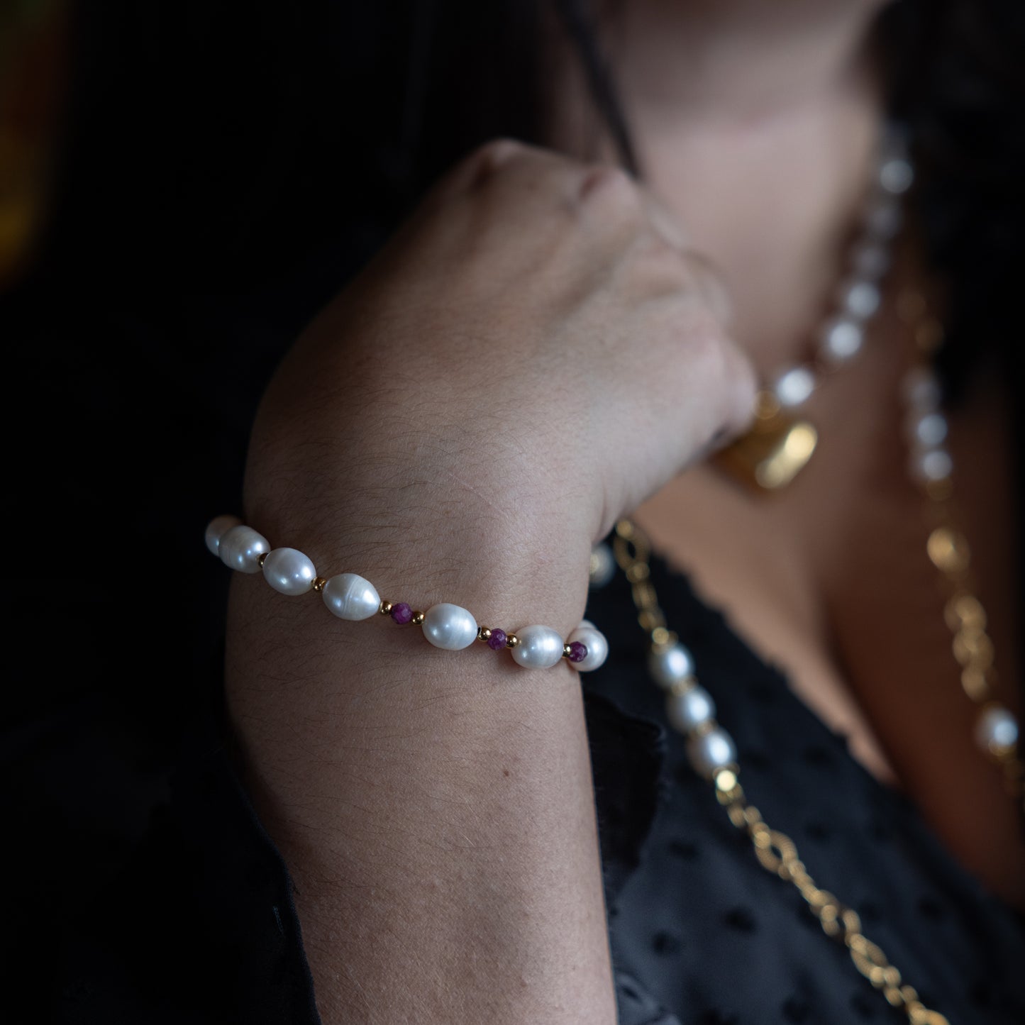 Bracelet or - Perle de culture et Rubis - DIVINA