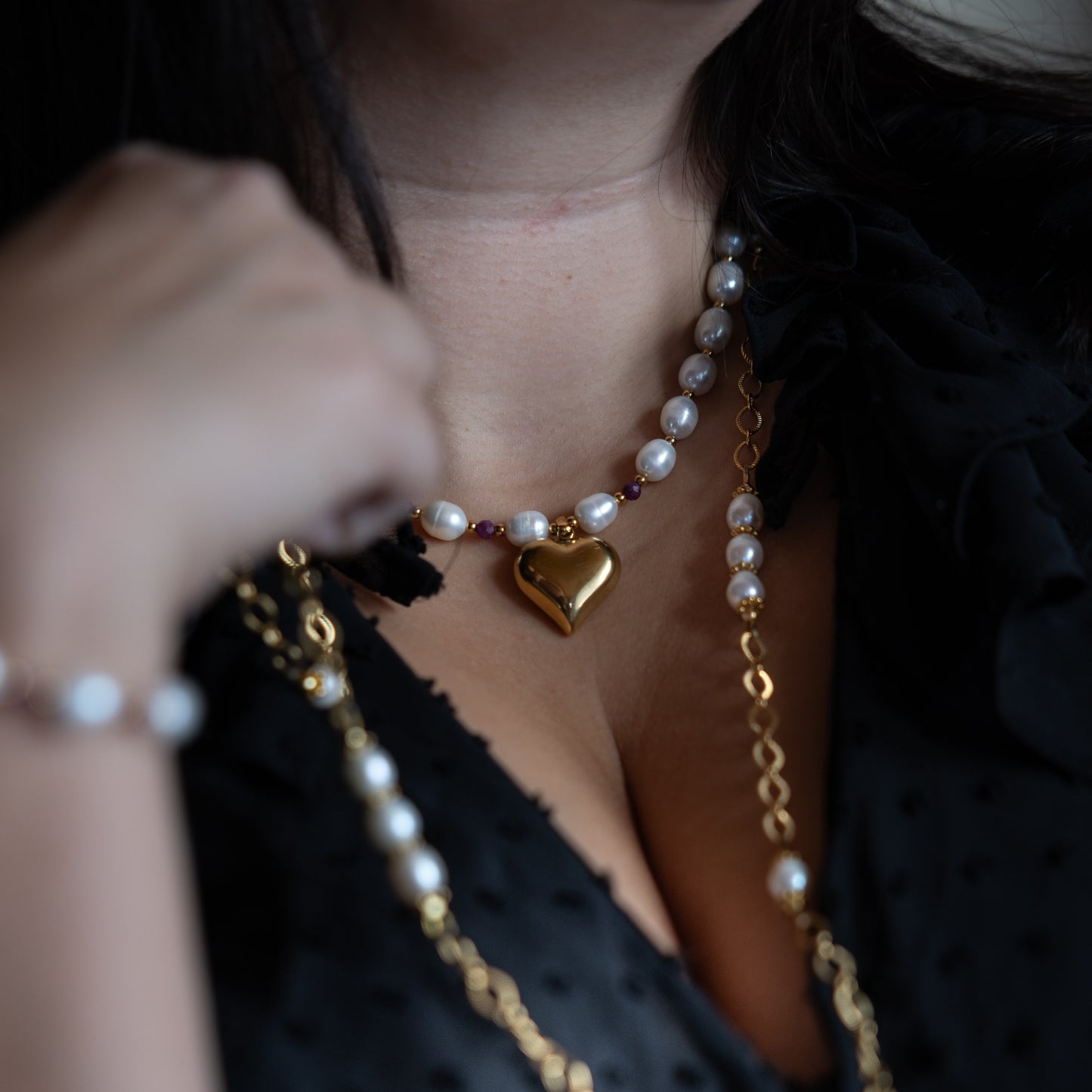 Collier or - Perles de culture et Rubis - Cœur - DIVINA