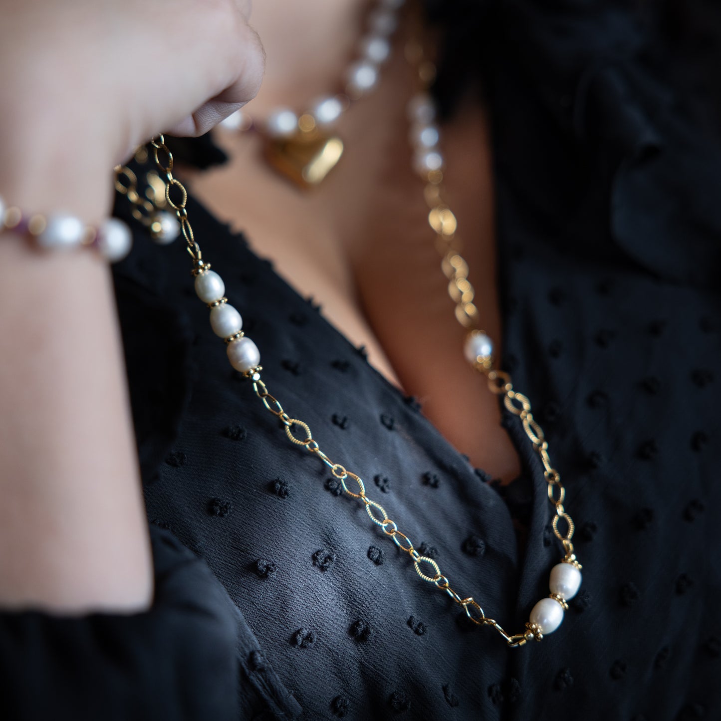 Sautoir en maille or et perles de culture - OPHELIE