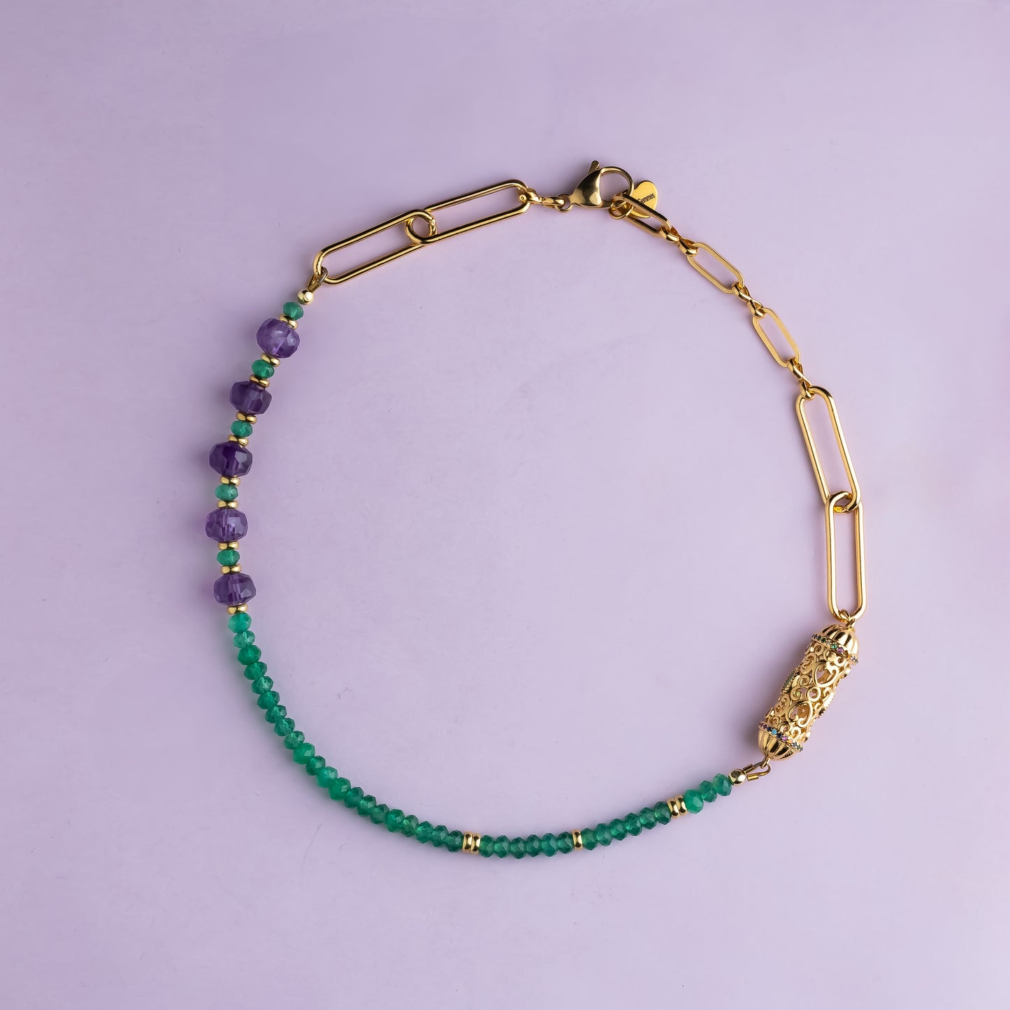 Bracelet double rang en maille or - Onyx vert - Quartz - Améthyste - INDIANA