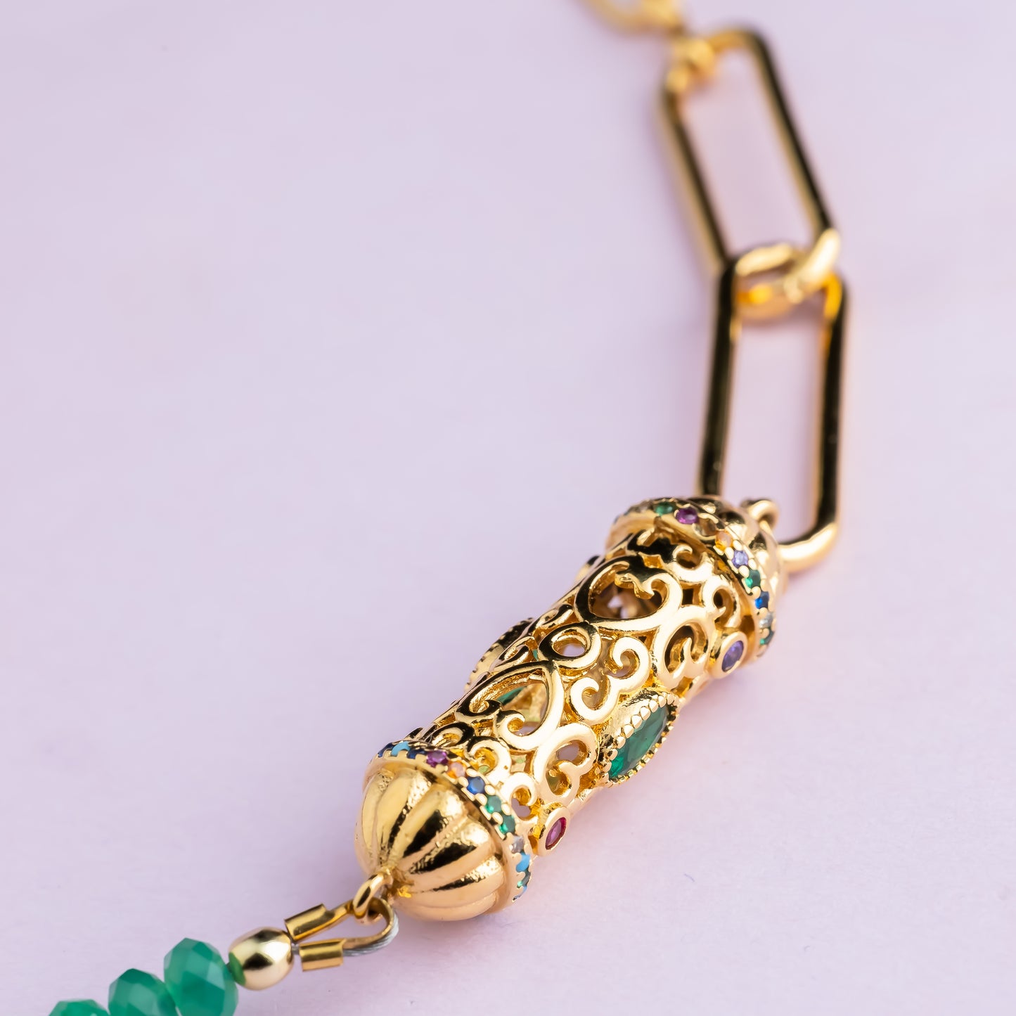 Bracelet double rang en maille or - Onyx vert - Quartz - Améthyste - INDIANA