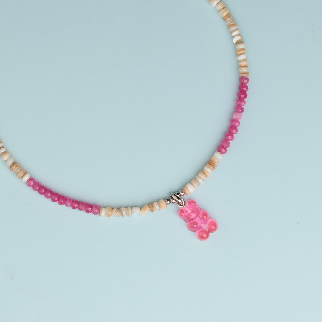 Collier argent - Jade et Heishi - Ours rose – HARIBO