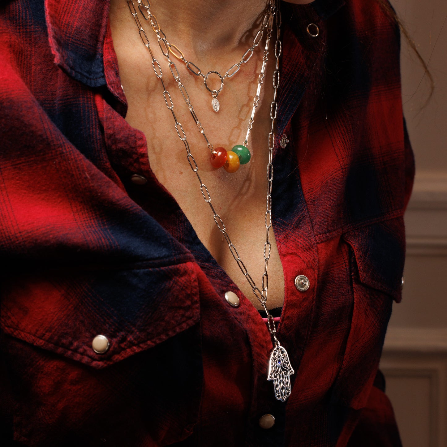 Sautoir maille en acier inoxydable - Or - Main - FATIMA