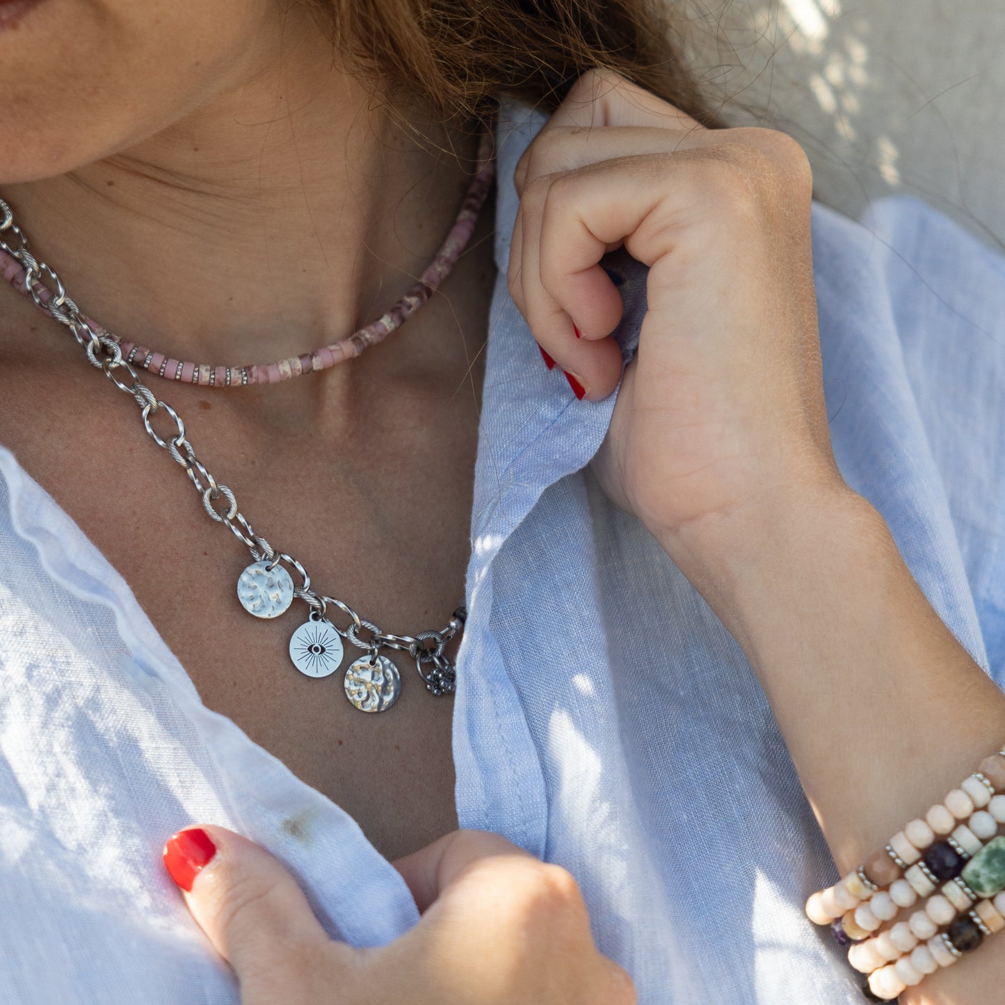 Collier en acier inoxydable argent - Amazonite - Œil - SHANA