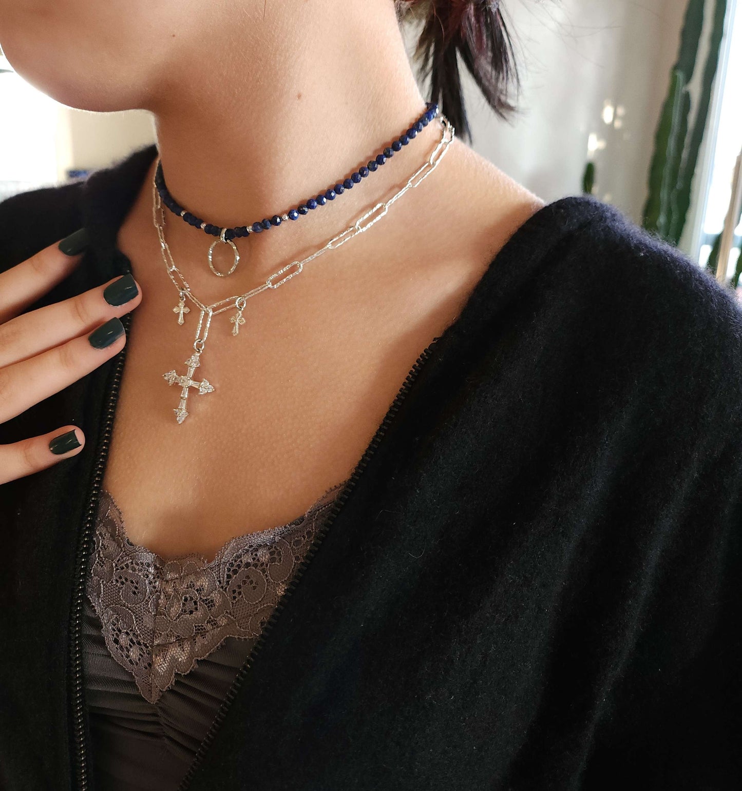 Collier maille plaqué rhodium - Croix - LUCIE