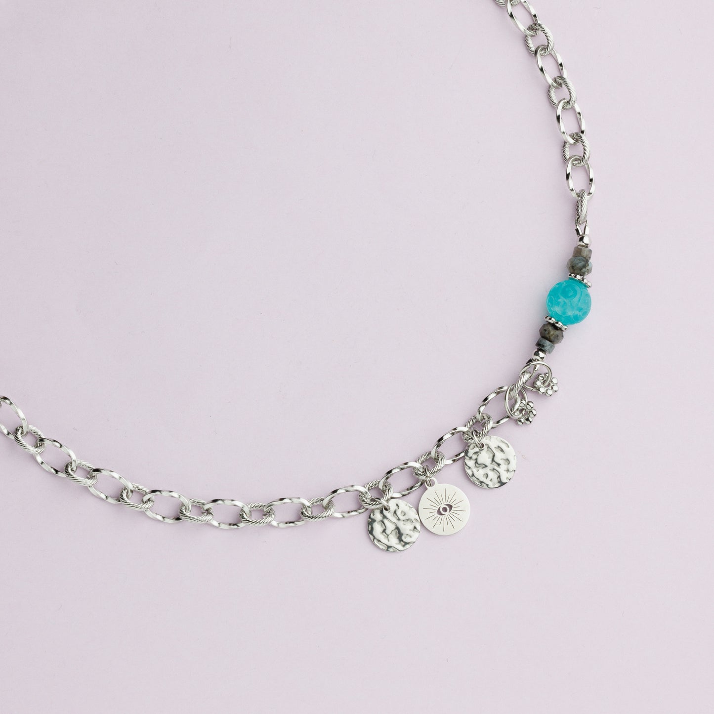 Collier en acier inoxydable argent - Amazonite - Œil - SHANA