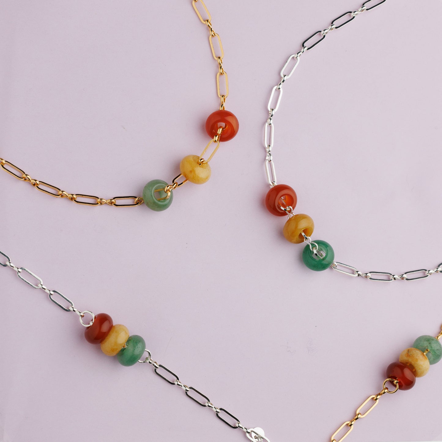 Collier maille plaqué argent - Aventurine - Cornaline - Jade - CARO