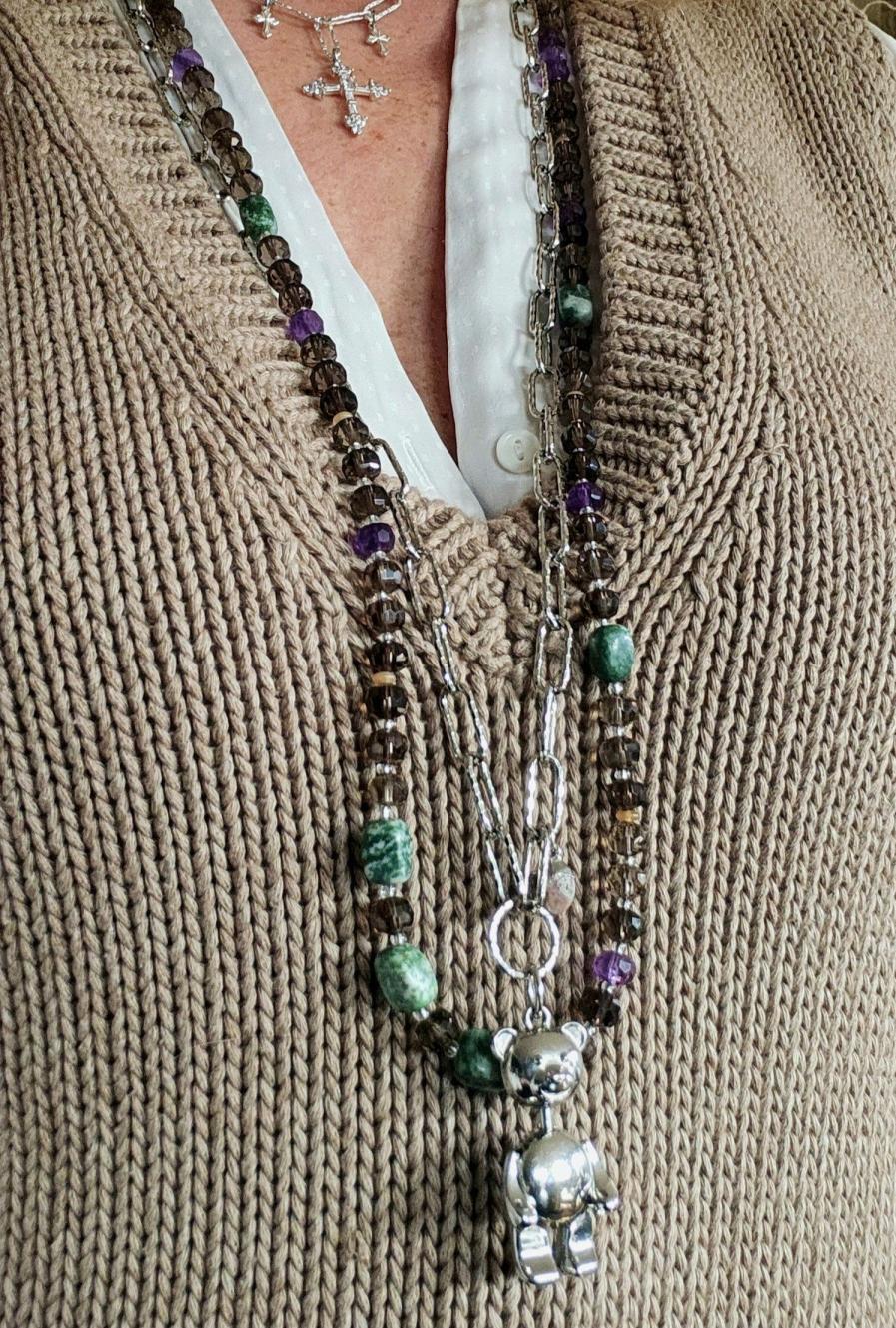 Sautoir en maille plaqué rhodium et quartz fumé - NINA