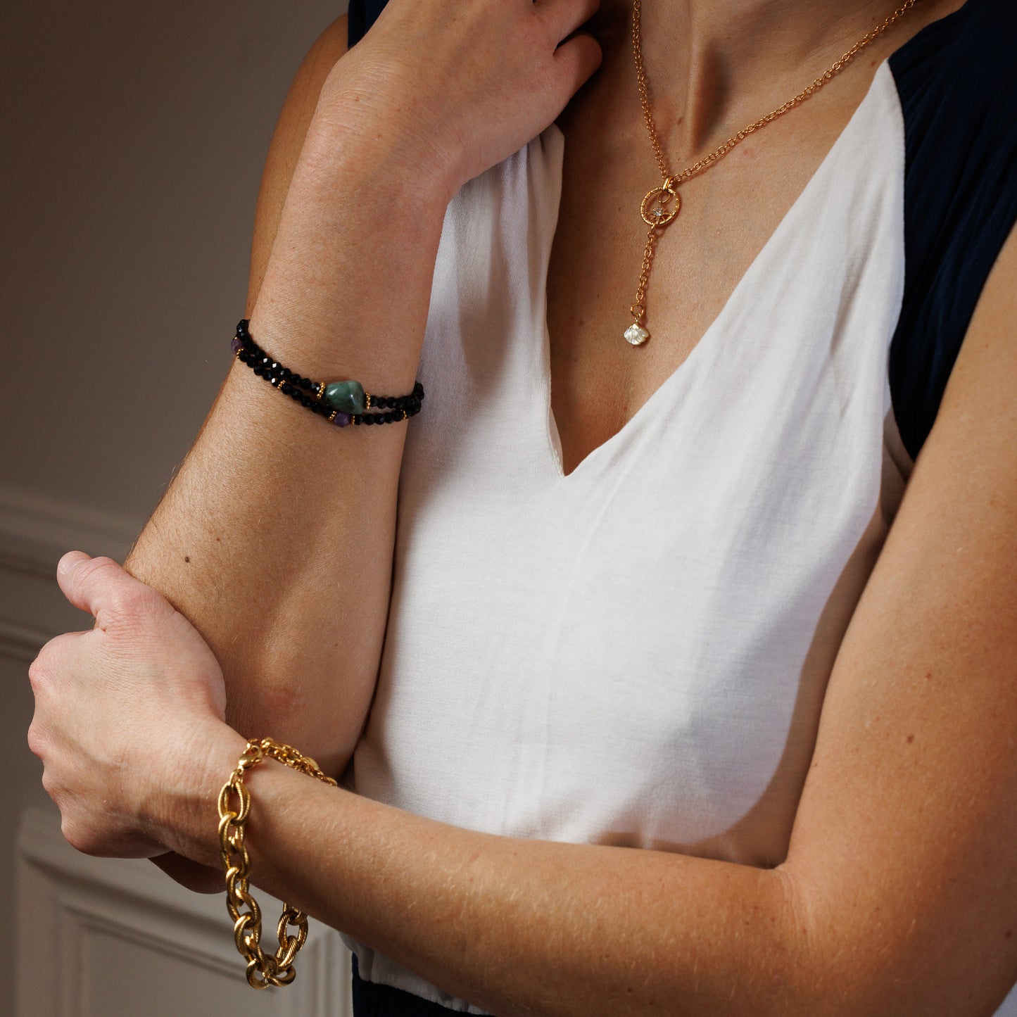 Bracelet plaqué rhodium - Spinelle et émeraude - Emeline