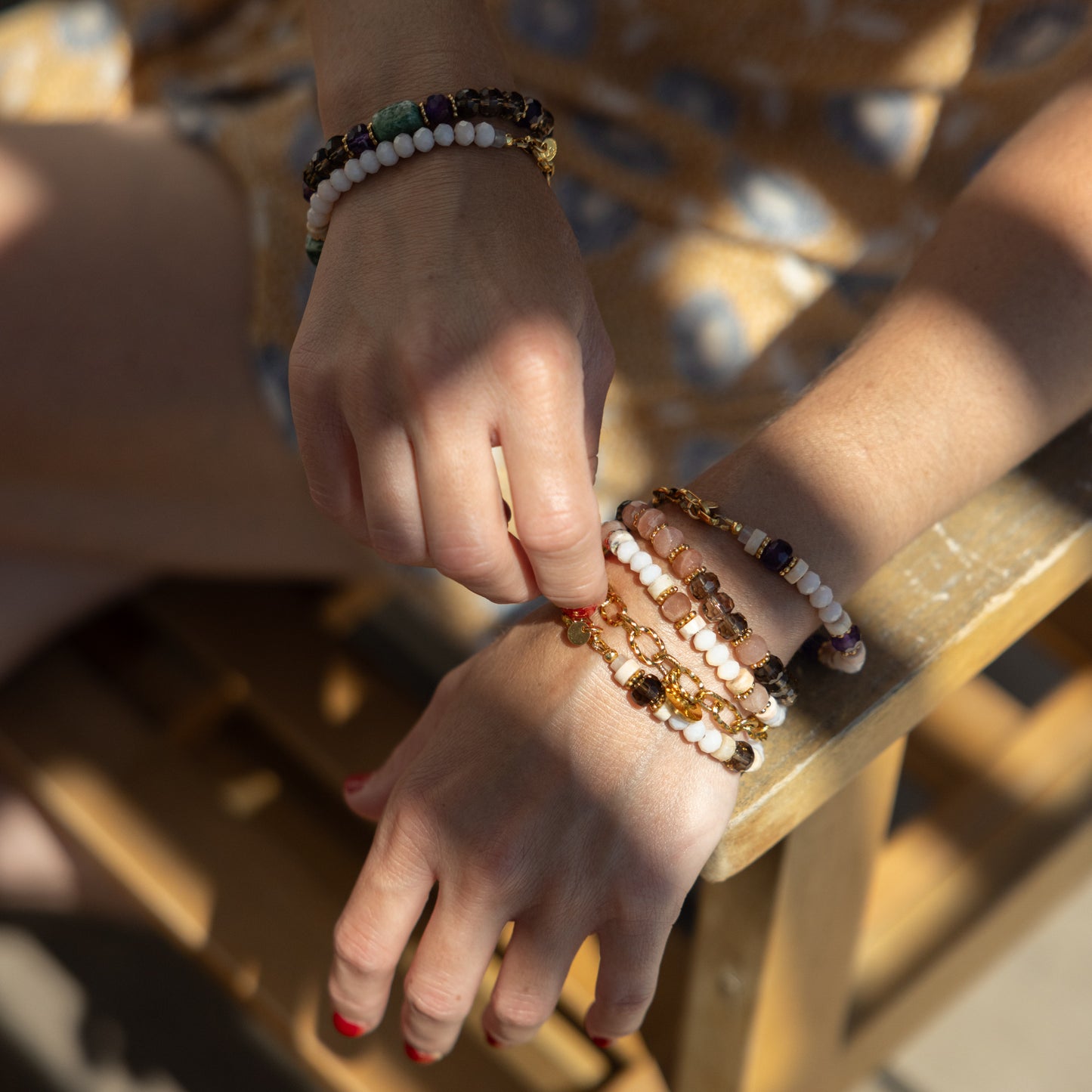 Bracelet acier inoxydable or - Quartz fumé et Pierre de Lune -LOLA