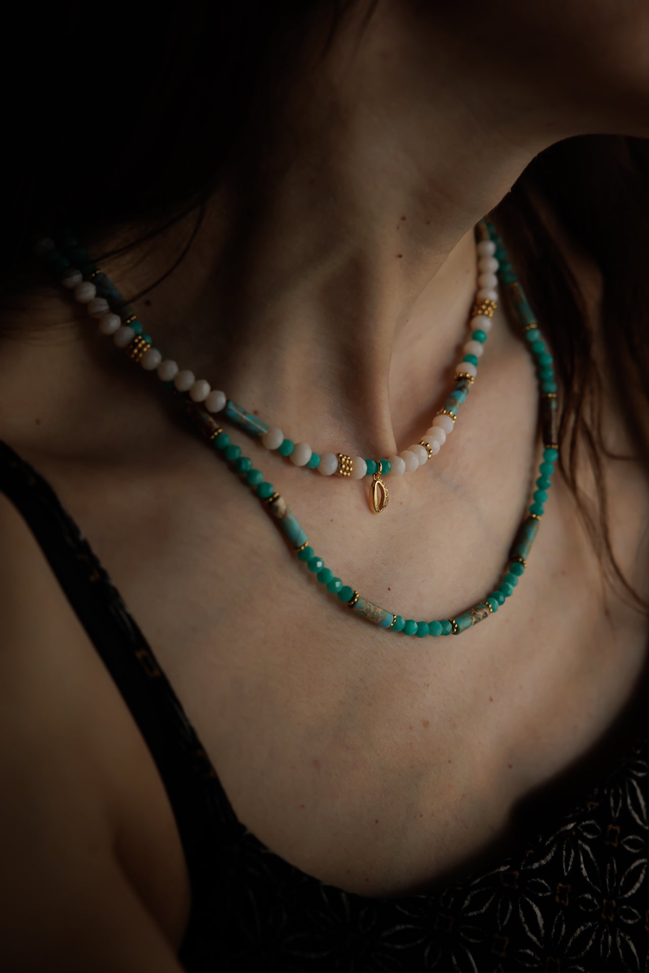 Collier or - Jade - Amazonite et jaspe -  BOMBAY