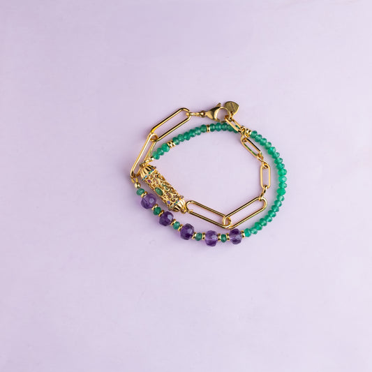 Bracelet double rang en maille or - Onyx vert - Quartz - Améthyste - INDIANA