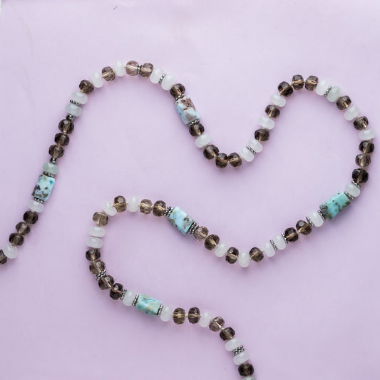 Sautoir argent - Quartz fumé - Larimar et jade - ALEXIS