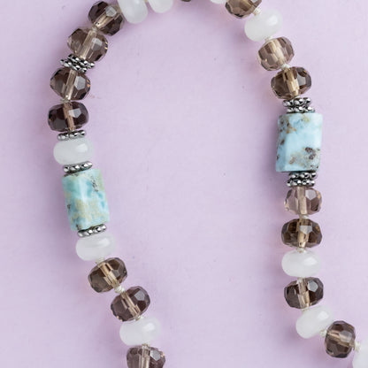 Sautoir argent - Quartz fumé - Larimar et jade - ALEXIS