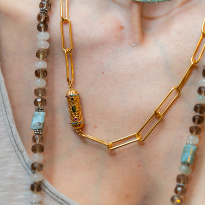Sautoir argent - Quartz fumé - Larimar et jade - ALEXIS