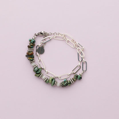 Bracelet double rang - Argent - Turquoise et émeraude - EWAH