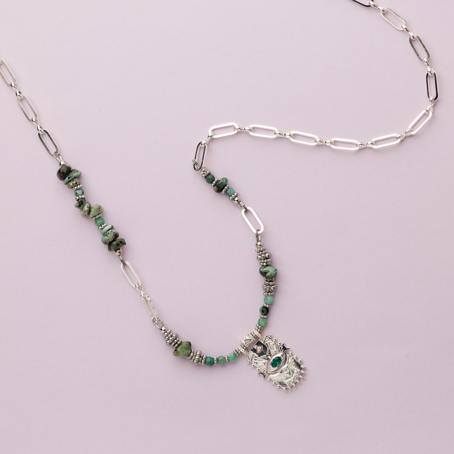 Collier argent - Turquoise et émeraude - EWAH