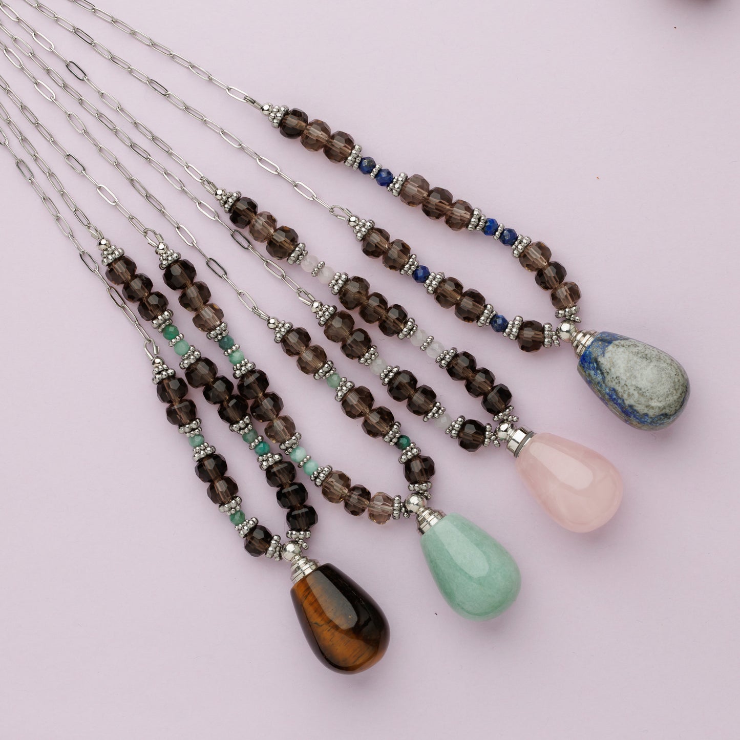 Sautoir argent - Quartz fumé et œil de tigre - FIONA