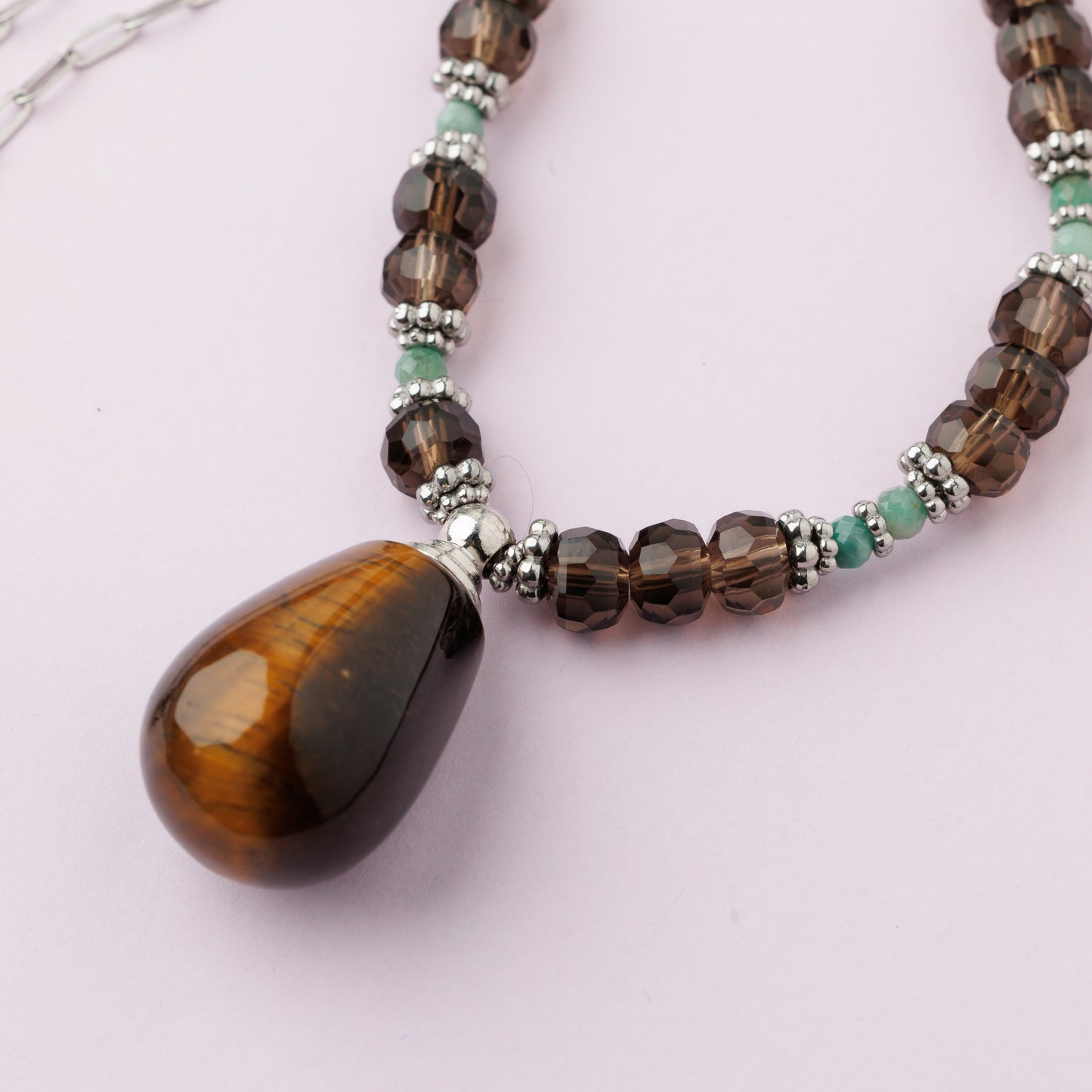 Sautoir argent - Quartz fumé et œil de tigre - FIONA