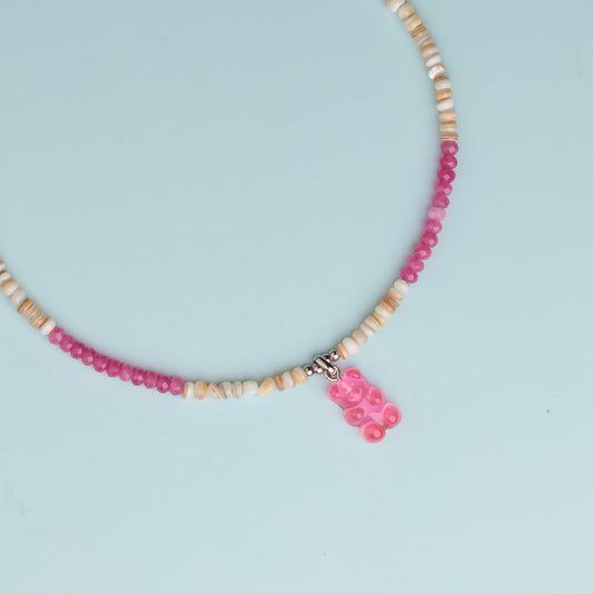 Collier argent - Jade et Heishi - Ours rose – HARIBO