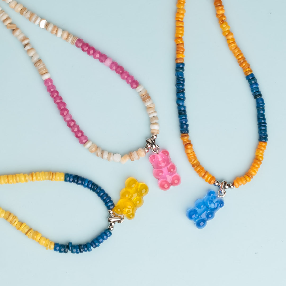 Collier argent - Heishi - Ours bleu - HARIBO