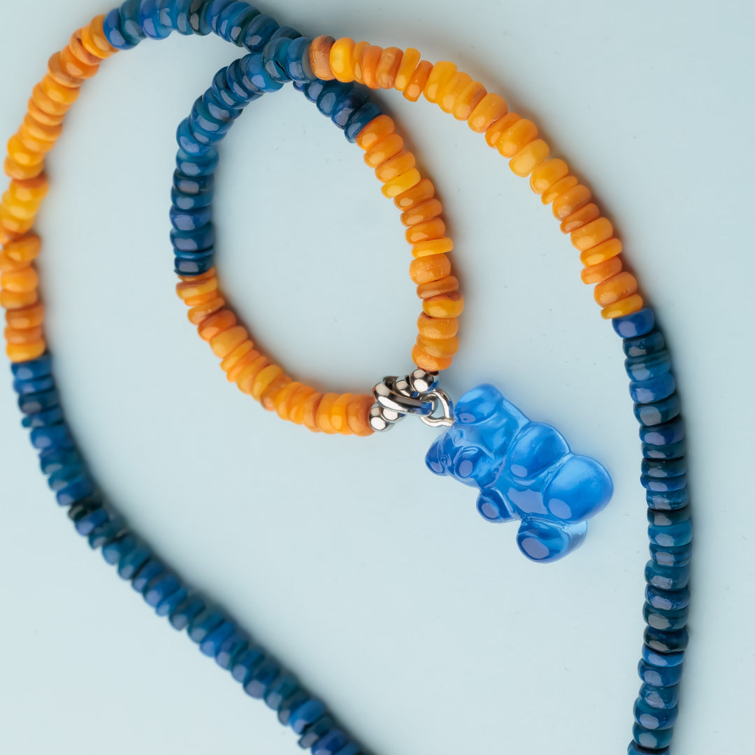 Collier argent - Heishi - Ours bleu - HARIBO