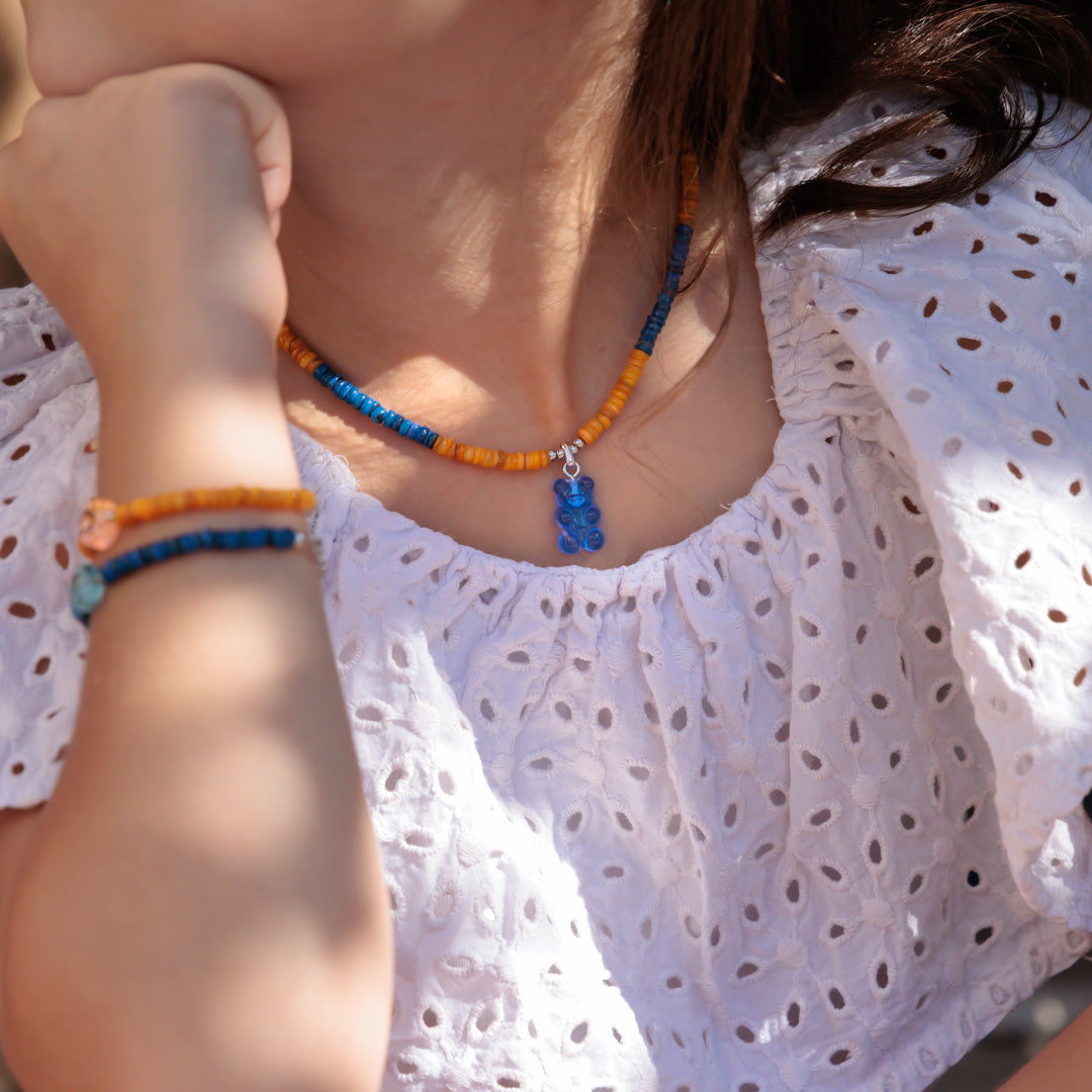 Collier argent - Heishi - Ours bleu - HARIBO