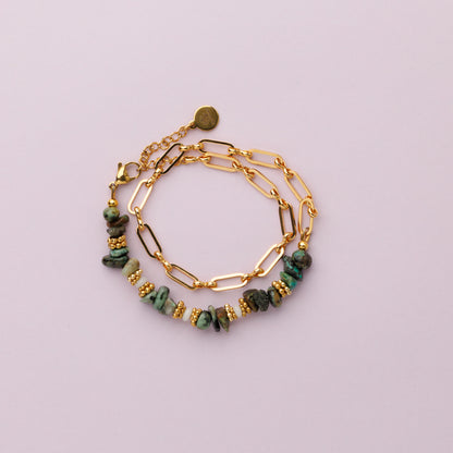 Bracelet double rang - Or - Turquoise et émeraude - EWAH