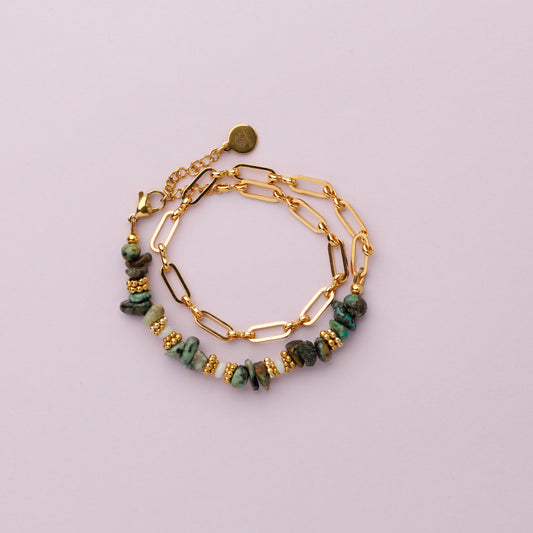 Bracelet double rang - Or - Turquoise et émeraude - EWAH