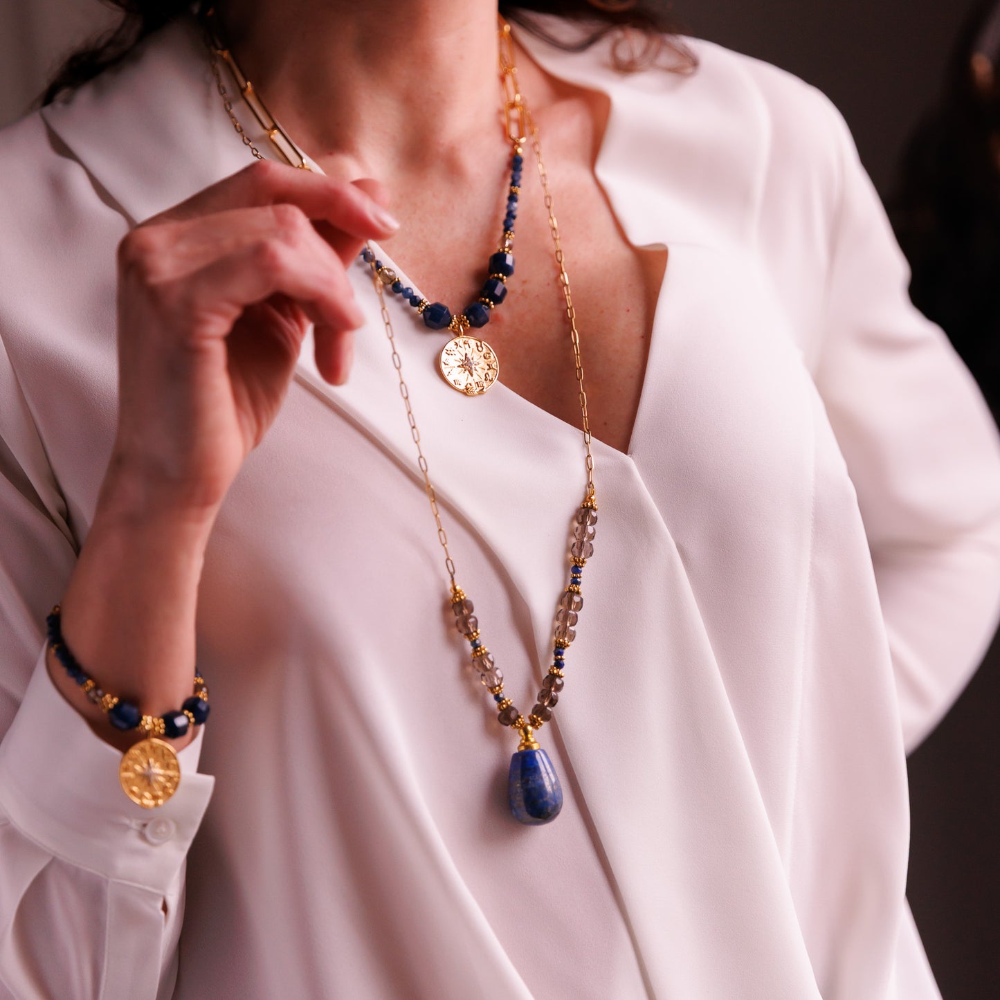 Sautoir or - Quartz fumé et lapis lazuli - FIONA