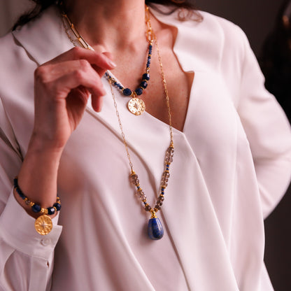 Sautoir or - Quartz fumé et lapis lazuli - FIONA
