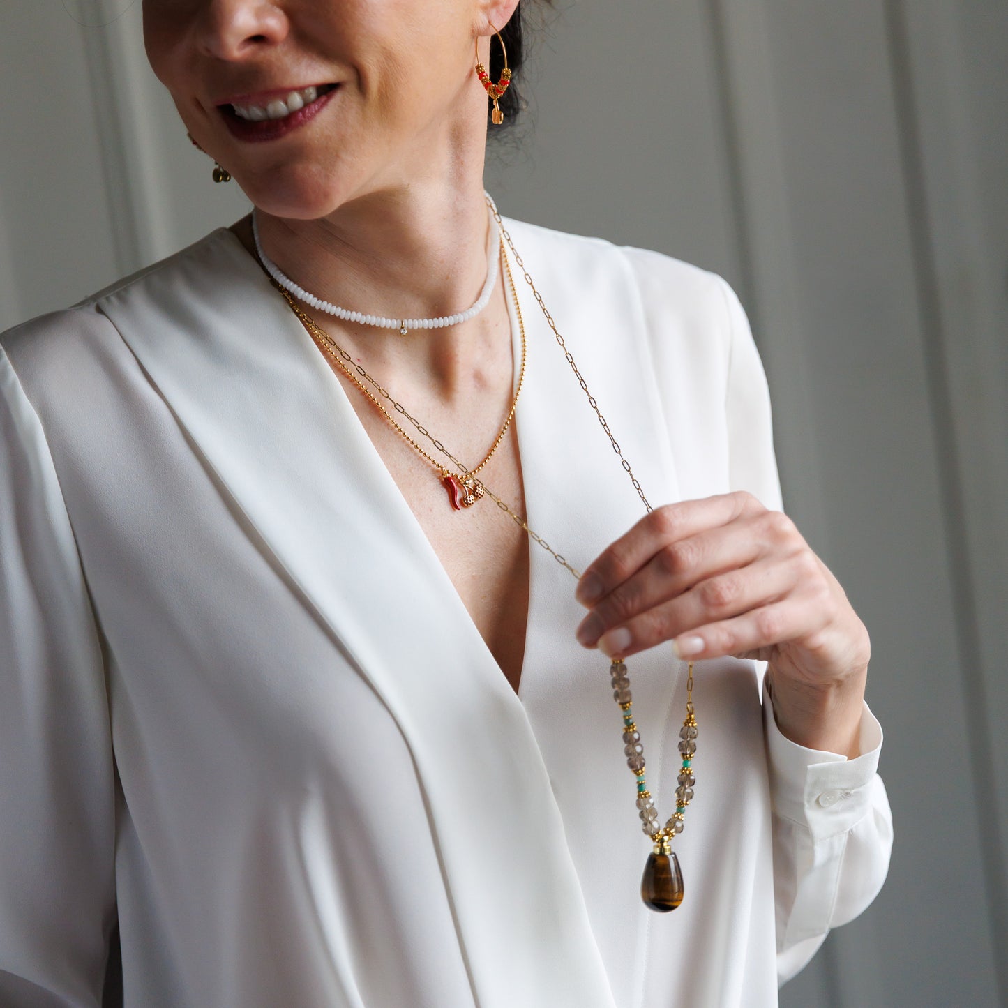 Sautoir argent - Quartz fumé et œil de tigre - FIONA