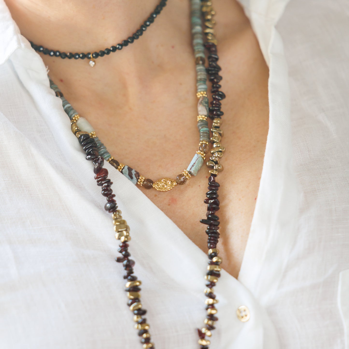 Collier or - Heishi et larimar - CHARLY