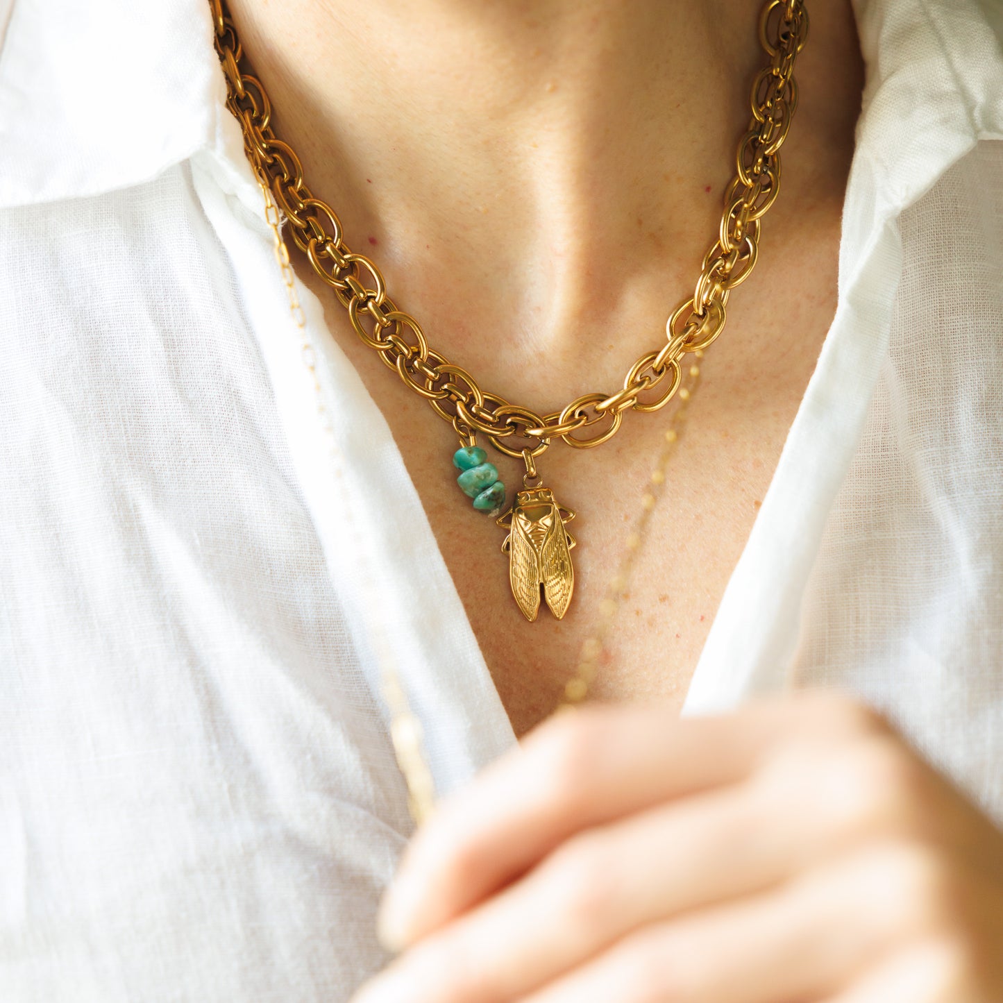 Collier maille acier inoxydable or - Turquoise - ANDREA