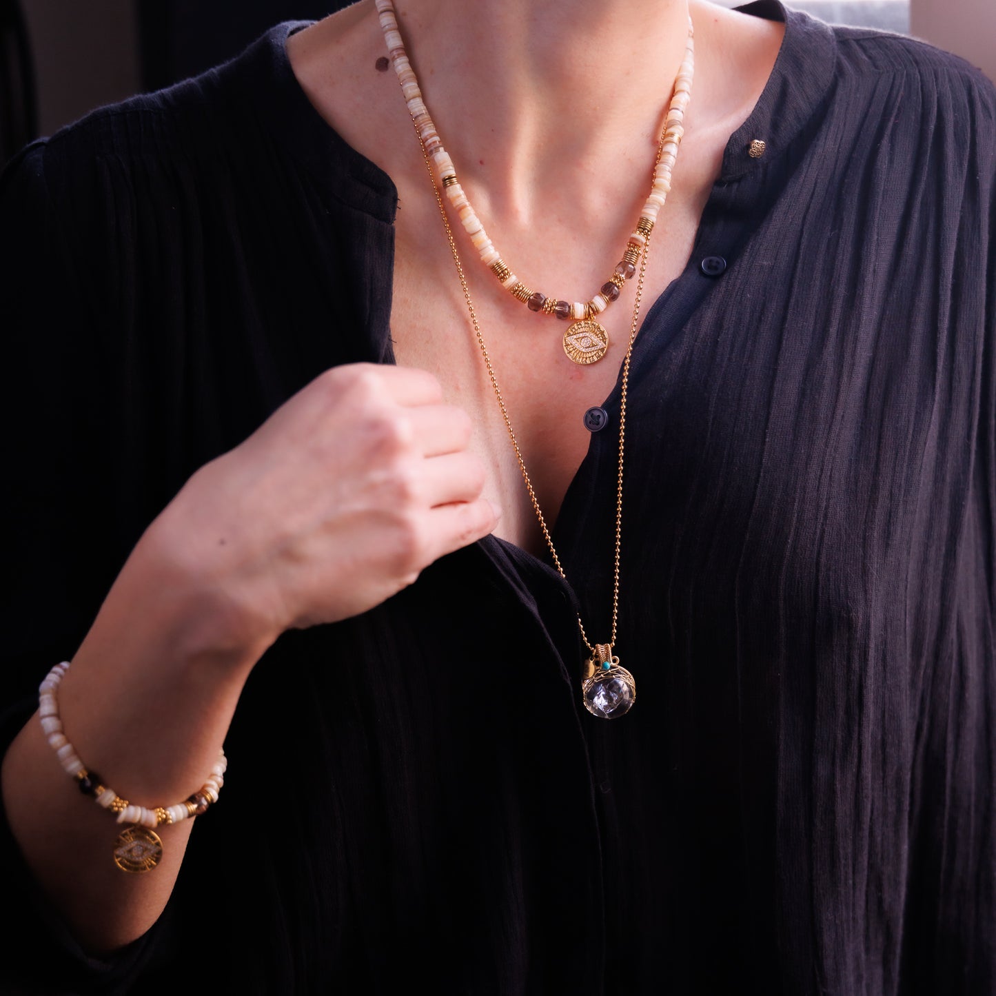 Collier or - Heishi et quartz fumé - NADIA