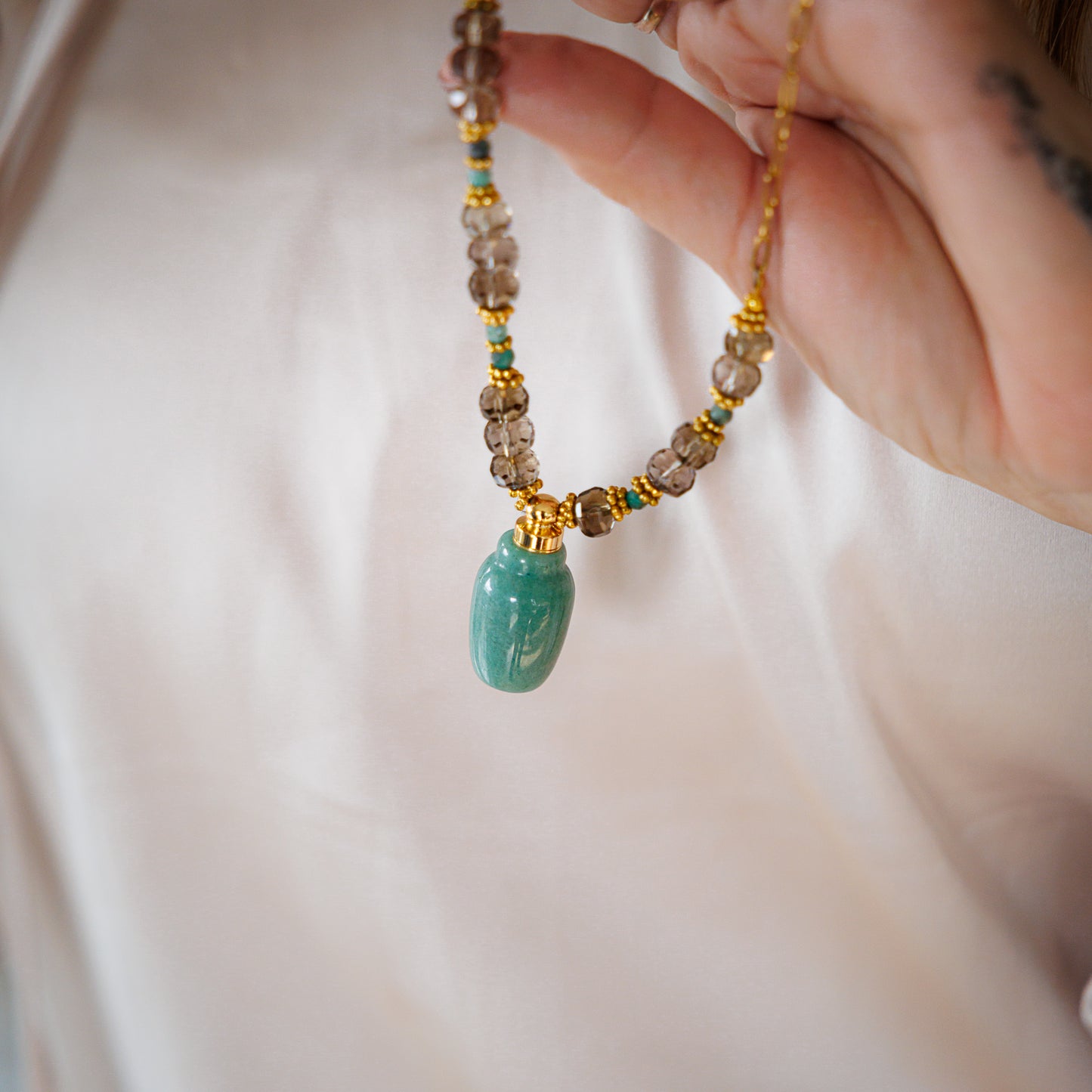 Sautoir or - Quartz fumé et émeraude - FIONA