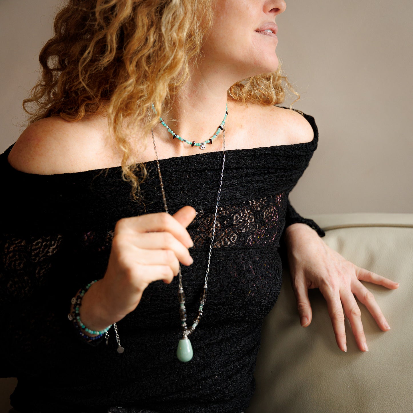 Collier argent - Quartz fumé et émeraude - FIONA