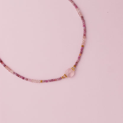 Collier or - Rubis et quartz rose - KELLY