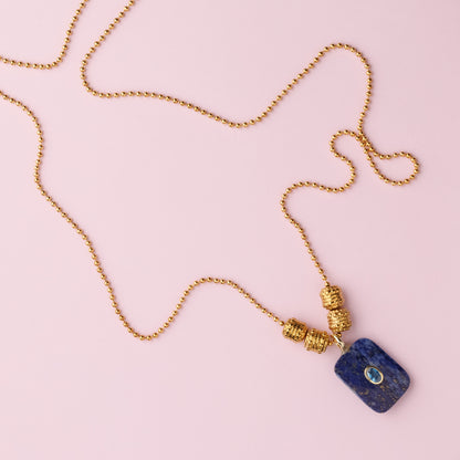 Collier or en maille acier inoxydable - Lapis lazuli - LYDIA
