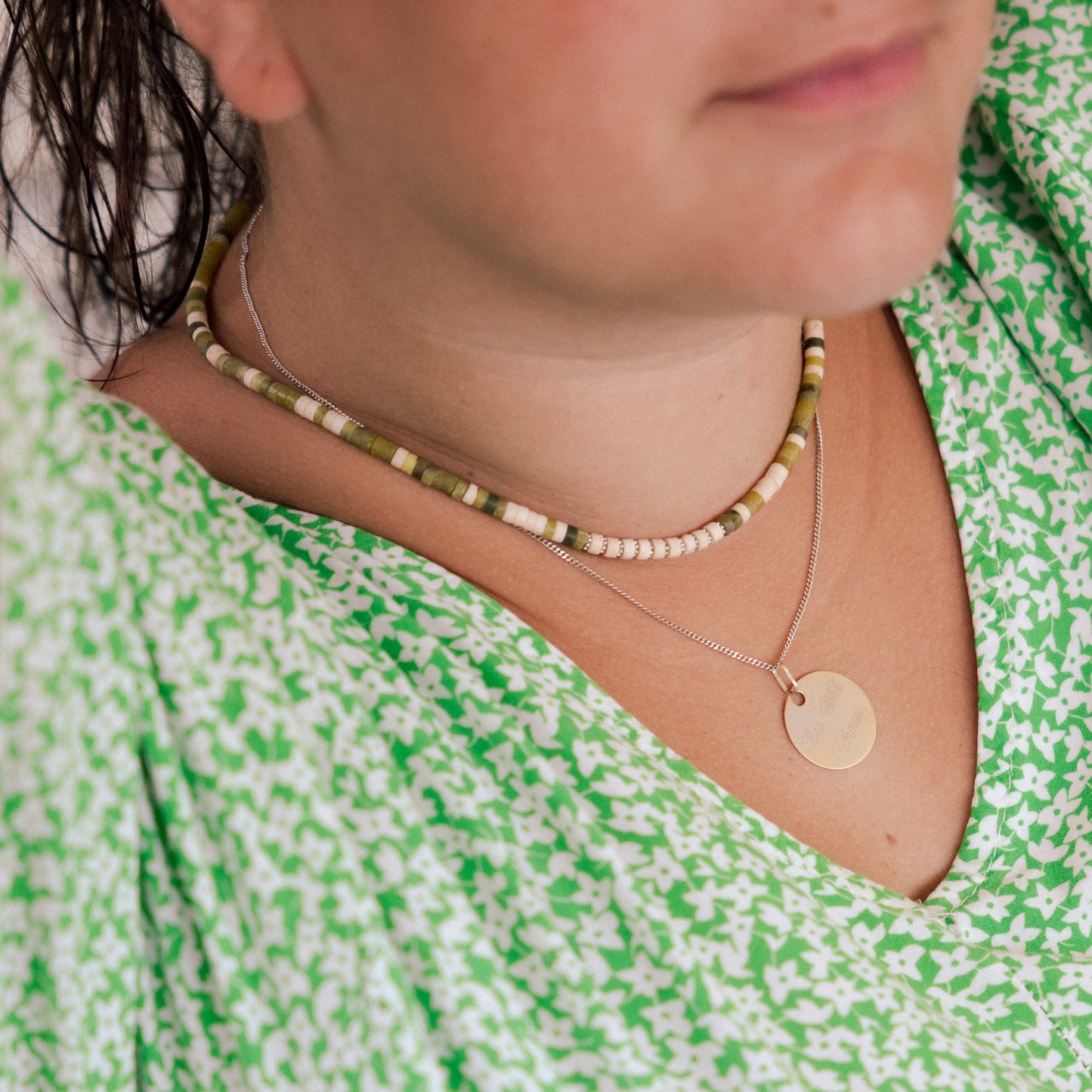 Collier acier inoxydable argent - Jade kaki - MYA