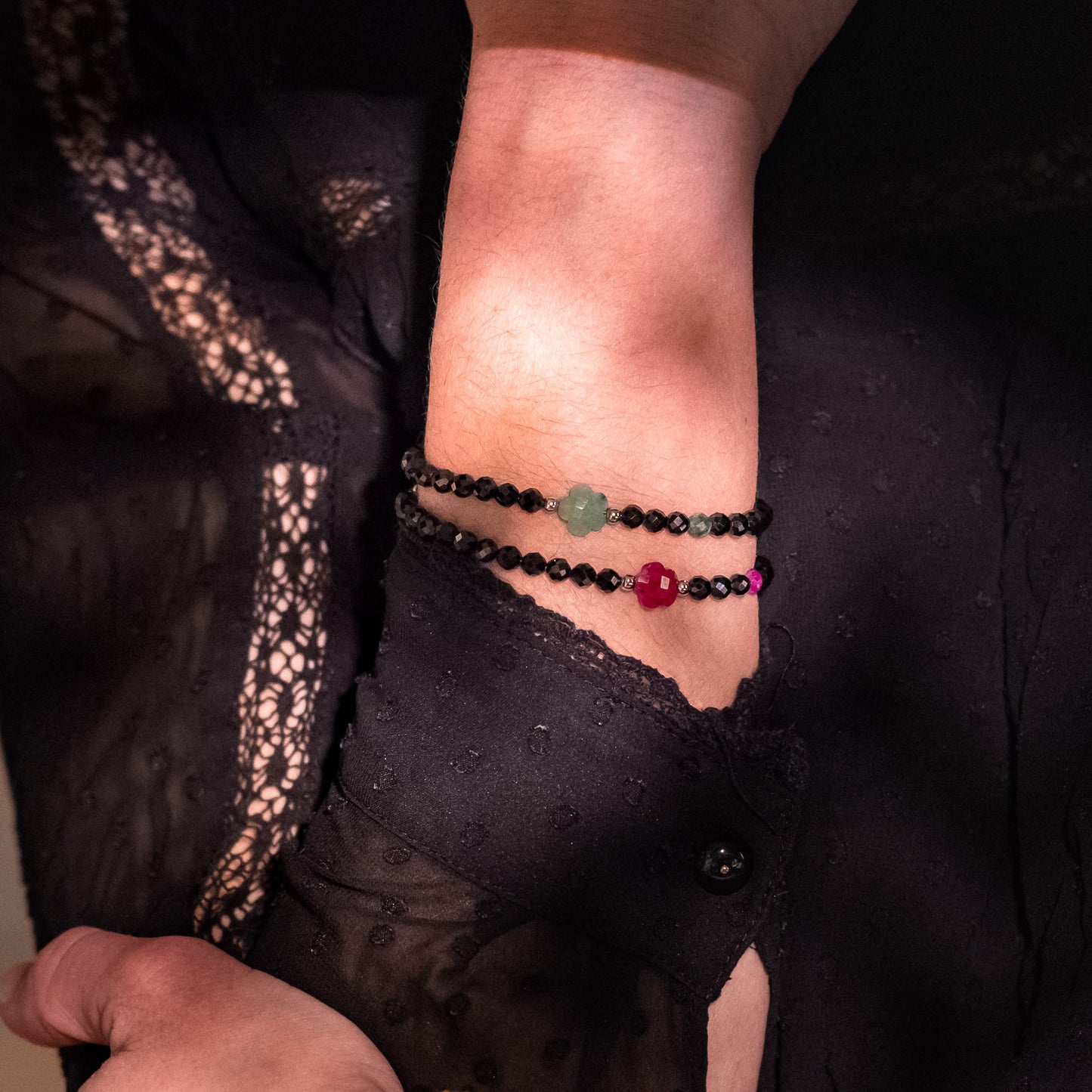 Bracelet plaqué rhodium - Spinelle et rubis - Anna