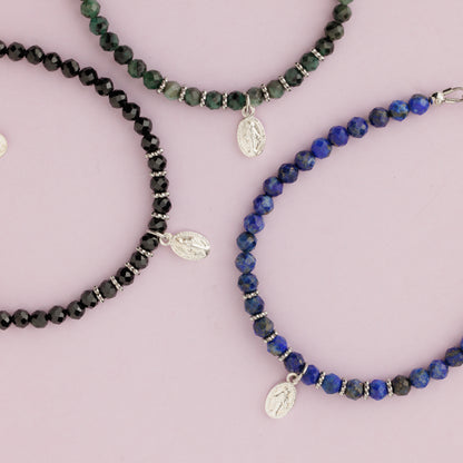 Bracelet plaqué rhodium - Lapis lazuli - Méd. miracule - MARIA
