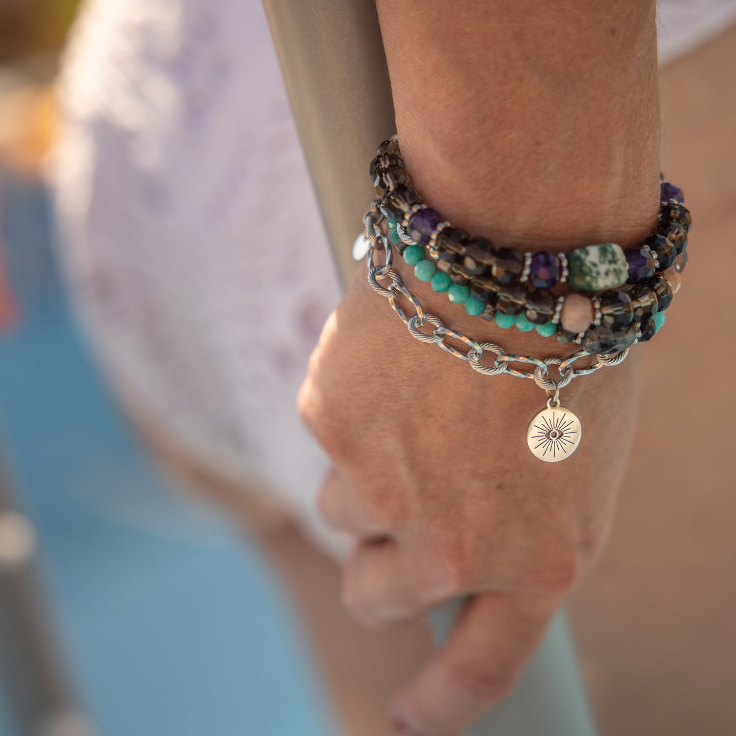 Bracelet acier inoxydable argent - Quartz fumé et améthyste - LOLA